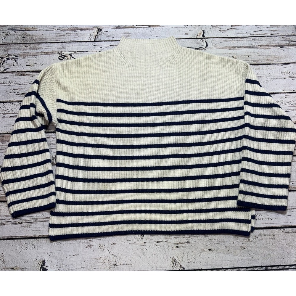Rails Claudia Wool Cashmere Ribbed Striped Mock Neck Sweater XL Ivory Navy Blue